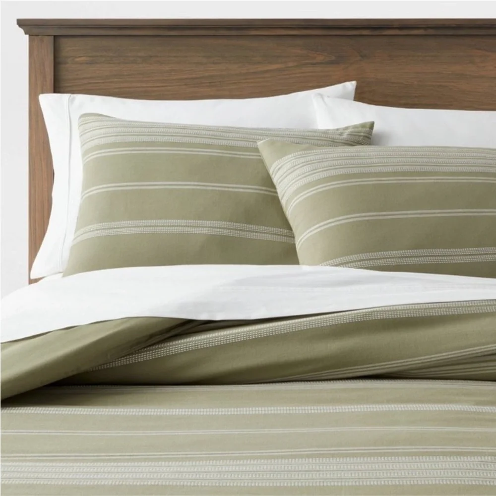 NWOT King Cotton Woven Stripe Duvet Cover & Sham Set Moss Green/White -Threshold